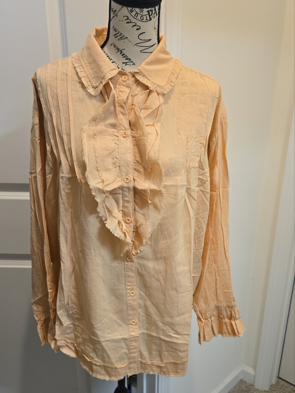 Ruffled Button-Down Shirt in Peach - Women's Long Sleeve